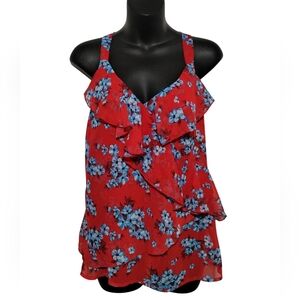 Kut from the Kloth Red Sheer Blue Floral Sleeveless Blouse Small